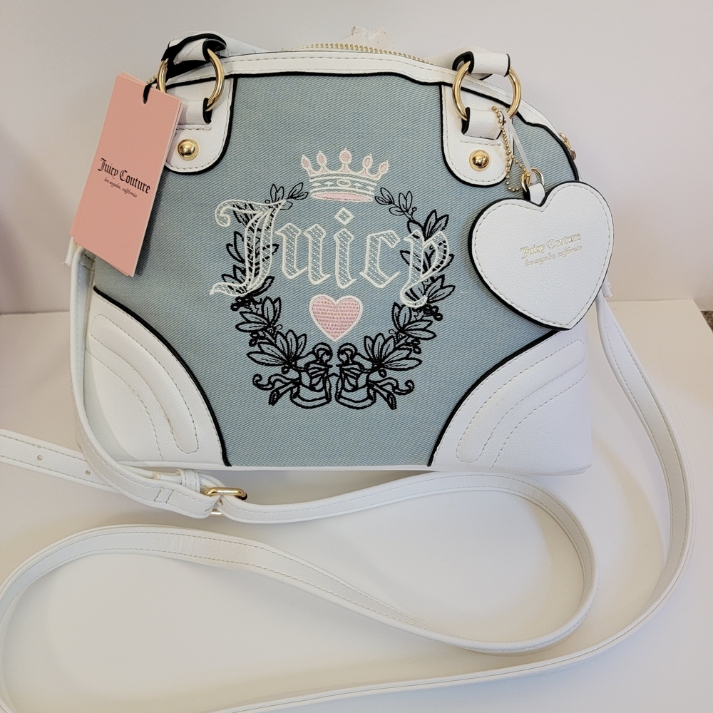 Juicy Couture Denim Heritage Satchel Light Blue White Shoulder Bag Handbag